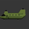 Green Helicopter with Dual Rotors Round Windows and Streamlined Fuselage on Dark Background with Reflection