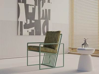 Modern Green Frame Leisure Chair With Upholstered Seat Abstract Painting And Blinds 3d model