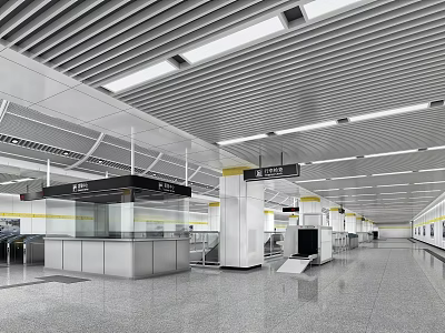 Modern Station Interior With Metal Ceiling Signs And Ticket Counter Area 3d model