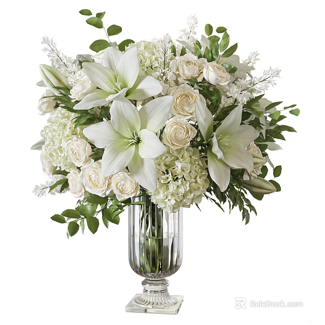 White Floral Arrangement With Lilies Roses Hydrangeas In Glass Vase And Green Leaves 3d model 