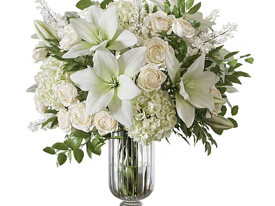 White Floral Arrangement With Lilies Roses Hydrangeas In Glass Vase And Green Leaves 3d model