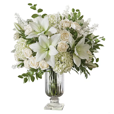 White Floral Arrangement With Lilies Roses Hydrangeas In Glass Vase And Green Leaves 3d model