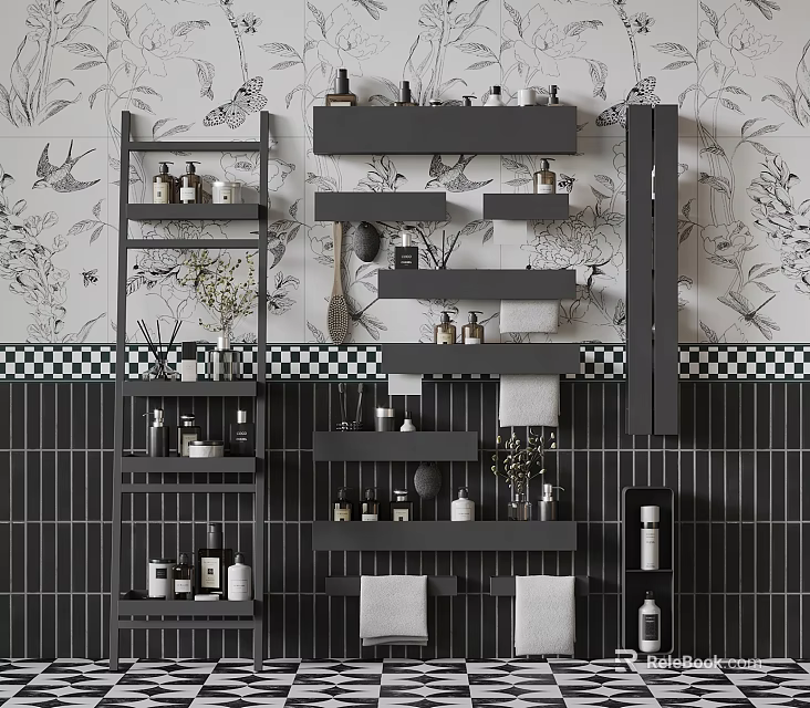 Bathroom Interior Featuring Floral Bird Wallpaper Dark Tiled Walls Black Shelves With Toiletries And Towels 3d model 