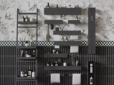 Bathroom Interior Featuring Floral Bird Wallpaper Dark Tiled Walls Black Shelves With Toiletries And Towels 3d model