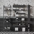 Bathroom Interior Featuring Floral Bird Wallpaper Dark Tiled Walls Black Shelves With Toiletries And Towels