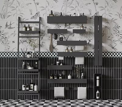 Bathroom Interior Featuring Floral Bird Wallpaper Dark Tiled Walls Black Shelves With Toiletries And Towels 3d model