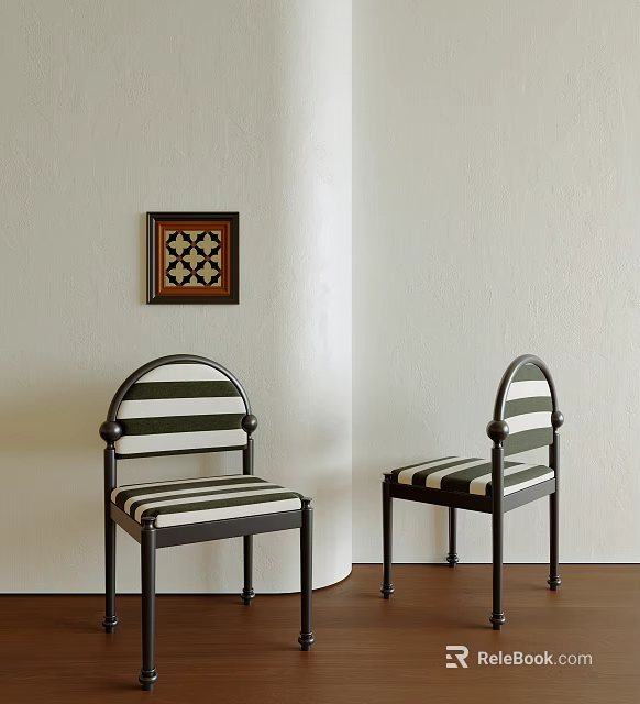 Dining Chairs With Black Metal Frames And Black White Striped Cushions Against Light Colored Walls 3d model 