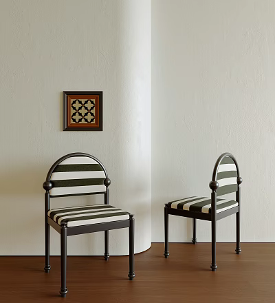 Dining Chairs With Black Metal Frames And Black White Striped Cushions Against Light Colored Walls 3d model