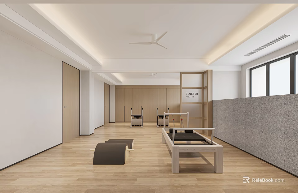 Bright Indoor Pilates Studio With Fitness Equipment And Wood Floors 3d model 