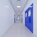 Elevator Hallway Interior With Blue Doors White Walls Ceiling Lights And Light Colored Floor 3d model