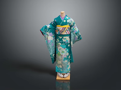 Traditional Green Kimono With Floral Patterns And Obi Belt For Daily Use 3d model