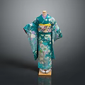 Traditional Green Kimono With Floral Patterns And Obi Belt For Daily Use