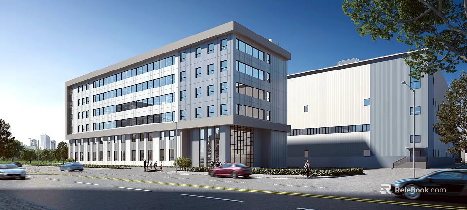 Modern Multi Story Office Building With Glass Windows And Street Scene Including Car And Pedestrians 3d model 
