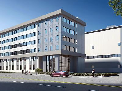 Modern Multi Story Office Building With Glass Windows And Street Scene Including Car And Pedestrians 3d model