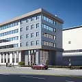 Modern Multi Story Office Building With Glass Windows And Street Scene Including Car And Pedestrians