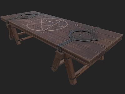 Wooden Ritual Table With Pentagram Symbol Metal Rings And Sturdy Legs 3d model
