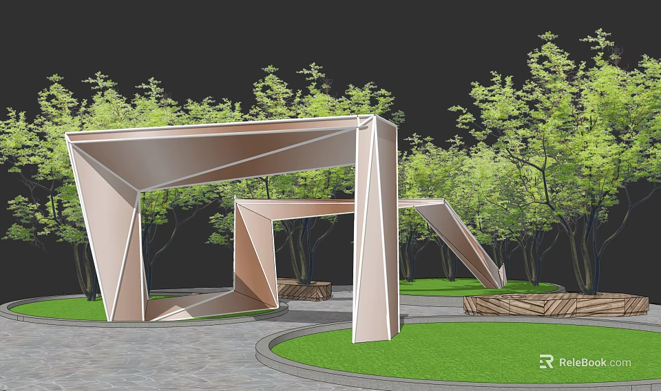 Modern Geometric Pergola Surrounded by Green Trees and Lawn with Stone Path and Wooden Benches 3d model 
