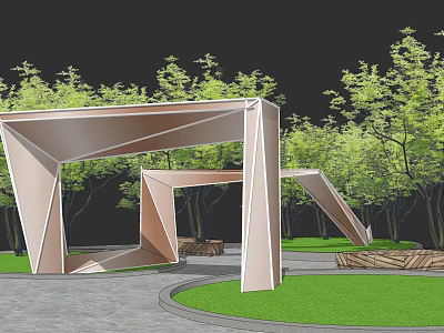 Modern Geometric Pergola Surrounded by Green Trees and Lawn with Stone Path and Wooden Benches 3d model
