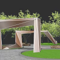Modern Geometric Pergola Surrounded by Green Trees and Lawn with Stone Path and Wooden Benches