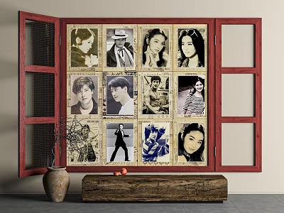 Vintage Portrait Photo Wall With Black White Photos Arranged On Red Doors 3d model
