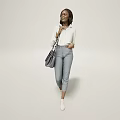 Smiling woman in white shirt and jeans holding handbag standing against light background