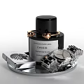 Ornamental Decor Set With Black Perfume Bottle Golden Bracelet Silver Watch On Silver Tray