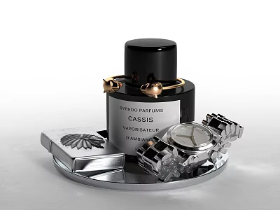 Ornamental Decor Set With Black Perfume Bottle Golden Bracelet Silver Watch On Silver Tray 3d model