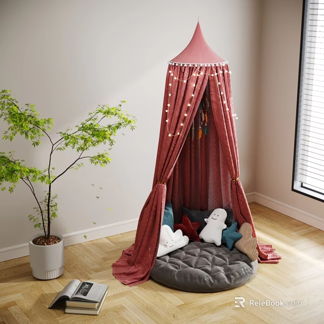 Red Tent In Room Corner With Top String Lights Plush Toys Inside Near Green Plant 3d model 