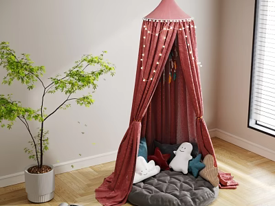 Red Tent In Room Corner With Top String Lights Plush Toys Inside Near Green Plant 3d model