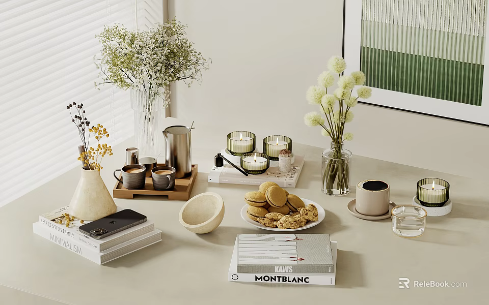 Elegant Tabletop Decorative Accessory Set With Vases Flowers Candles Cookies Coffee Cup And Books 3d model 
