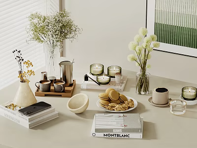 Elegant Tabletop Decorative Accessory Set With Vases Flowers Candles Cookies Coffee Cup And Books 3d model