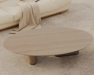 Minimalist Modern Sofa And Coffee Table Set With Beige Fabric Sofa And Wooden Oval Coffee Table 3d model
