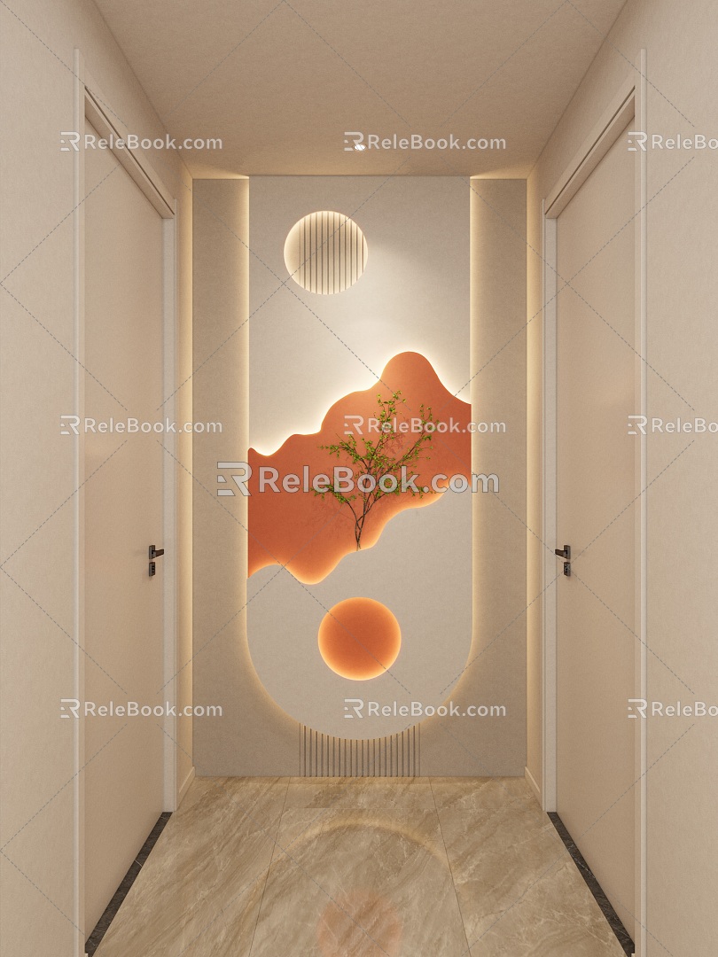 Cream Simple Style Hermes Orange Wave Shape Green Plant Corridor End View Entrance 3d model