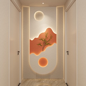 Cream Simple Style Hermes Orange Wave Shape Green Plant Corridor End View Entrance 3d model