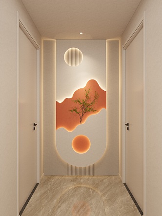 Cream Simple Style Hermes Orange Wave Shape Green Plant Corridor End View Entrance 3d model