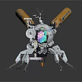 Futuristic Mechanical Insect With Orange Propellers And Colorful Head Lights On Reflective Surface