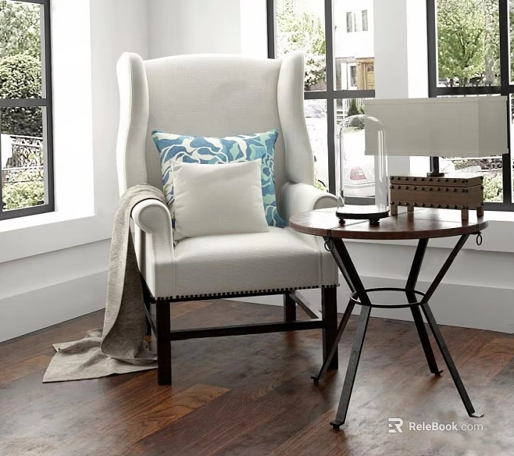 White Single Sofa With Blue White Pillow Throw Blanket And Side Table With Wooden Lamp 3d model 