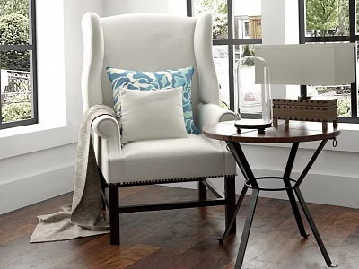 White Single Sofa With Blue White Pillow Throw Blanket And Side Table With Wooden Lamp 3d model