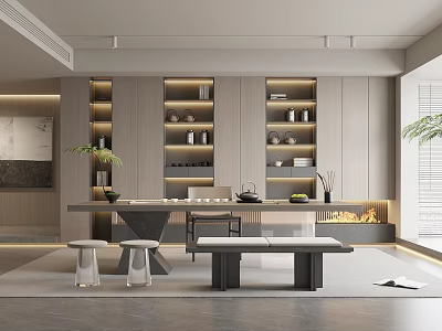 Modern Tea Room Interior With Long Table Stools Bookshelves And Fireplace 3d model