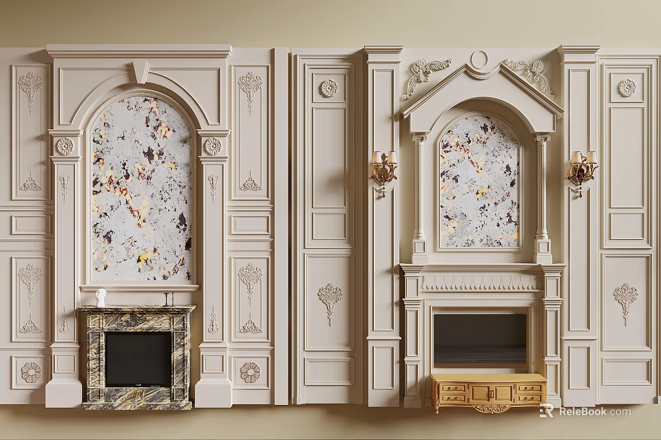 Elegant Classic TV Wall Design With Ornate Panels Marble Inserts And Wall Sconces 3d model