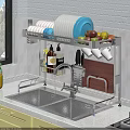 Stainless Steel Kitchenware Rack with Plates Bowls Knives Cutting Board and Spice Bottles Near Sink