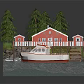 Red Wooden Waterfront House With Pine Trees Boat Dock And Stairs
