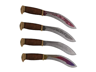 Four Curved Weapons Knives With Brown Wooden Handles And Intricate Blade Patterns 3d model