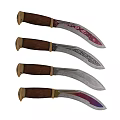 Four Curved Weapons Knives With Brown Wooden Handles And Intricate Blade Patterns