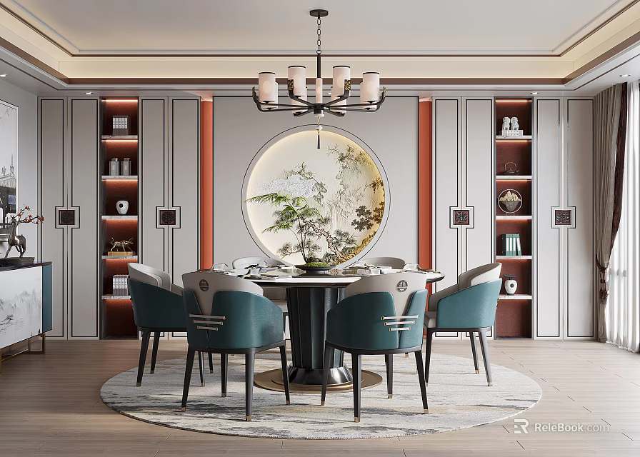 Elegant Traditional Chinese Restaurant Interior With Round Dining Table Teal Chairs Wooden Shelves And Chandelier 3d model 