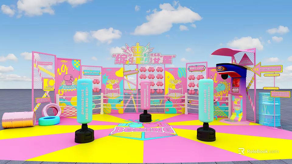 Vibrant Happy Challenge Camp Space Featuring Colorful Floor Punching Bags And Decorative Walls 3d model 