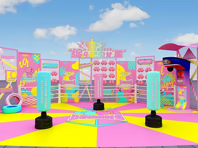 Vibrant Happy Challenge Camp Space Featuring Colorful Floor Punching Bags And Decorative Walls 3d model