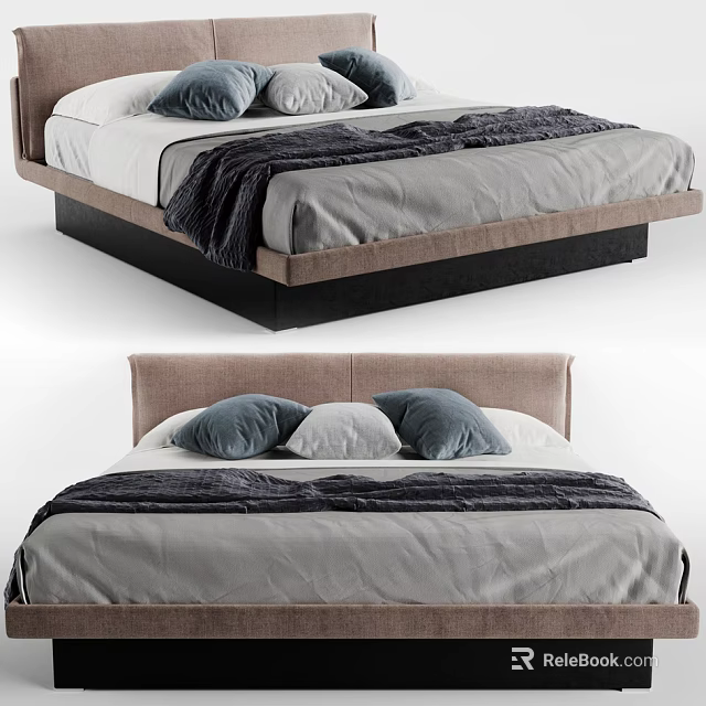 Modern Double Bed With Upholstered Headboard Gray White Pillows And Throw Blanket 3d model