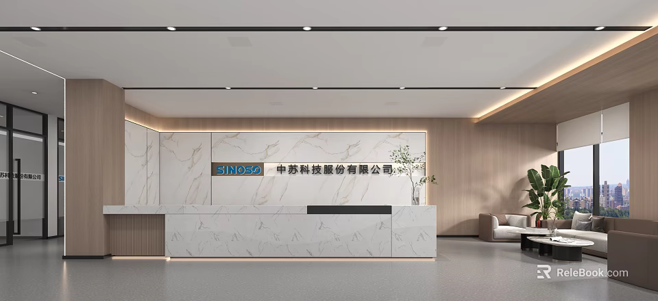 Modern Office Reception Desk With Marble Top Wooden Wall Panels Company Sign And Green Plant 3d model 