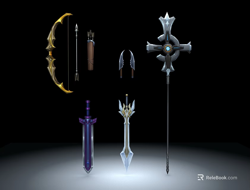 Mythical Fantasy Weapons Collection Featuring Bow Arrows Sword Staff And Shield 3d model 